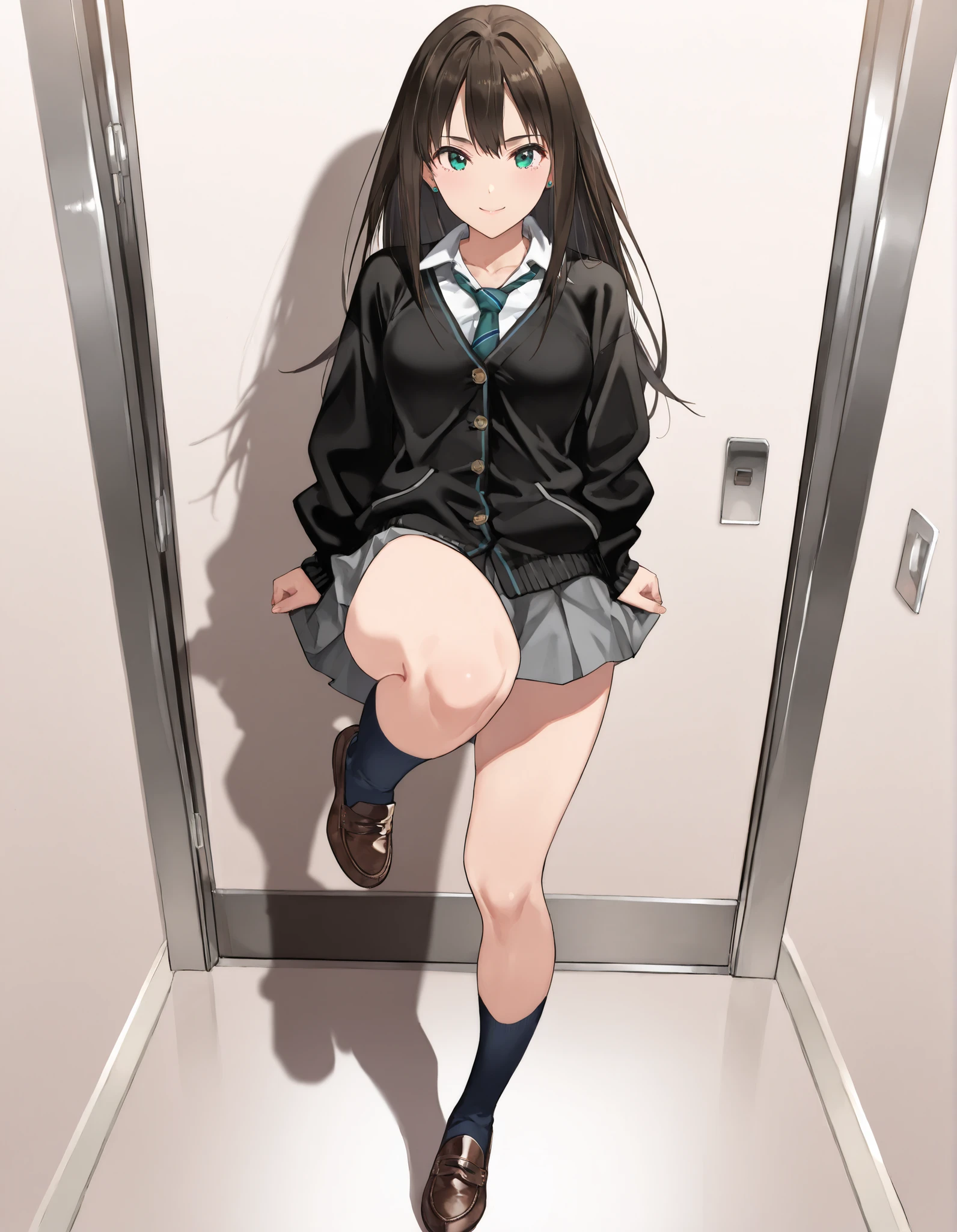 Shibuya Rin,solo, hyperdetail face, to close、 slightly troubled expression 、 black hair, long hair, white blouse, black cardigan, Green ribbon tie ,socks, loafers, standing, first person view、POV、Slightly bird's-eye view、kick a man in the crotch, Kick with the back of the foot、Front kick、raise one leg to hip height、1 girl, woman in clothes,, full face , A smile of sexual ecstasy, hair between eyebrows, Thick eyebrows, large 胸, (masterpiece),(top quality),(ultra detail),(best illustration to cover your crotch),(best shadows),(Absard dress),(detailed background),(is so beautiful),no background、full body、flat color