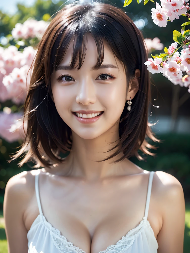 Cherry tree、swimsuit、open chest、I'm not wearing anything inside、whole body、NiziUAYAKA、 4K、1people's women、slender、 Loose wavy styling 、seductive and attractive、Including face and skin texture.,detailed eyes、A soothing expression with a smile