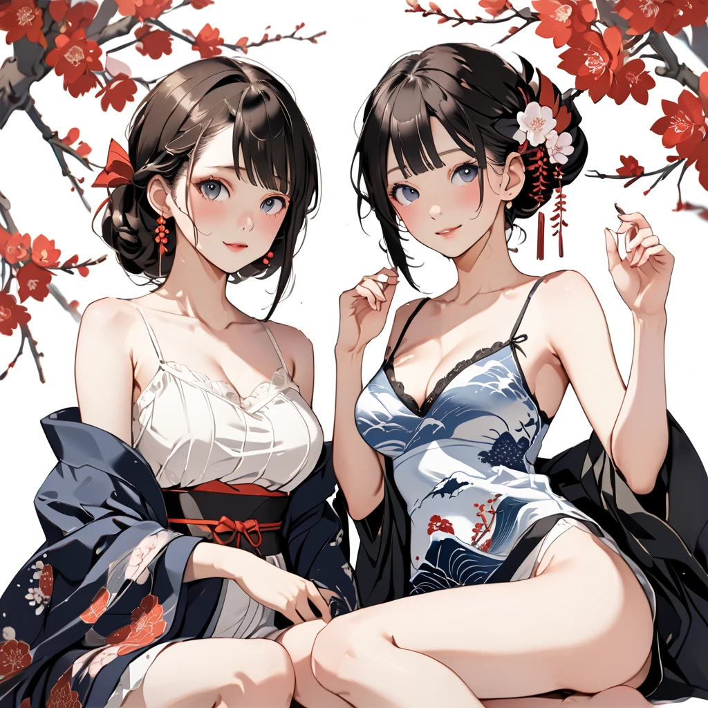 Sisters,Lesbian,In heat,Having an orgasm,Squirting,Masturbating,They are hugging each other,Half naked,Japanese clothing,Unbuttoned