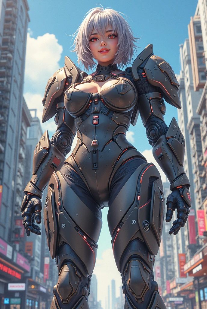 (top-quality、masterpiece、超A high resolution、Photorealsitic:1.4)、((beautifull detailed face))、Beautuful Women、bright silver hair、bob cuts、bright beautiful blue eyes、long lashes、(ultra gigantic tits:1.5)、(Split abs、musculature、full of sweat:1.3)、(Plump:1.3)、(thick thighs、long legged、Big ass:1.25)、(Cyborg Beauty、Post-apocalyptic worldview、A devastated worldview、A ruined futuristic city:1.3)、sultry face、ratex、highleg、Restraints、thigh high boots、(natta、neons、细致背景:1.2), huge breasted