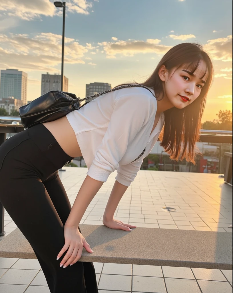 ((bestquality, 10, masterpiece: 1.3)), Fat Body Beauty: 1.4, Chinese Beauty, busty: 1.6, Rounded thighs: 1.6, long-haired, Highly detailed face and skin texture, delicate eyes, 二重まぶた, round face, thin lips, smile, Rich shape, Fair-skinned, (Random costumes, t-shirt, short pants: 1.6), standing pose, round glasses, In the background of the landscape, , (environment, in the city,Tokyo Metropolitan Area,japan,),