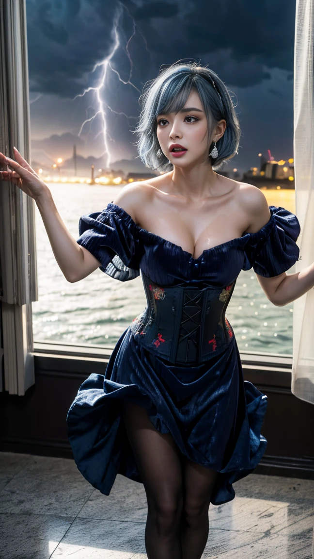 1girl, (nun:1.1), blue hair, messy hair, (braid), young female, ahegao, rolling eyes, (standing in a crowded subway:1.5), spread legs, black thighhighs, long pleated skirt with slits, torn clothes, (veil:1.1), bare breasts, BreastsApart, showing her face