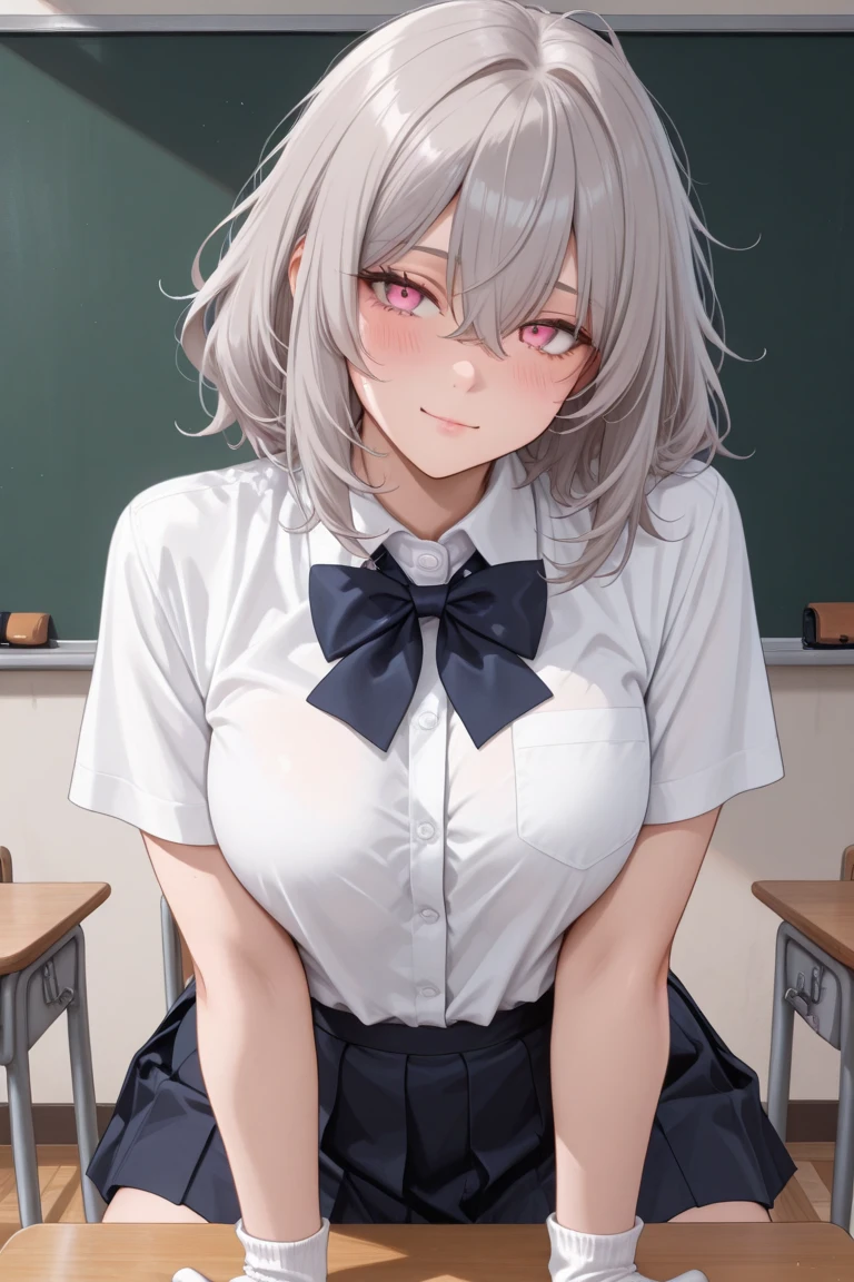 mastute piece,Best Quality,insanely detailed,8k cg,nsfw,
(shoot upper body:1.3),
(1girls:1.3),standing,looking at viewr,body in front,both arms behind back,(school uniform,leotard:1.3),(bare breasts:1.1),(bare nipples:1.1),
break,
blush,shy,(ecstasy face),(trembling:1.2),break,(light silver hair:1.2),
break,
perfect breasts,perfect teats,(open mouth:0.9),(large breasts:1.2),
(classroom)、