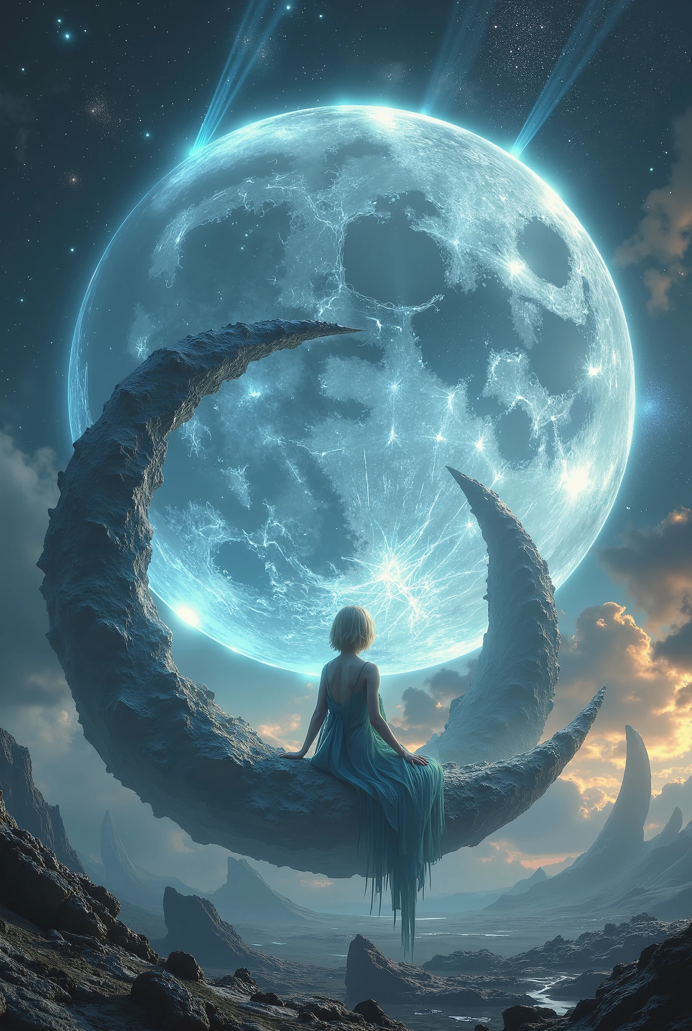 beautiful moon queen navigating to a glowing translucent crystal ball moon, all integrated into a kind of whole entity, sitting on a crescent moon, 8k resolution Astronaut, ALIEN PLANET, ultra beautiful blonde short haired tall Nordic Woman, within round escape pod like Portal to another WORLD, traveling through space and time while still, Science Fiction,
