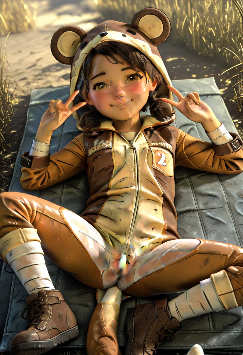 best quality, (yellow clothes), outside, (pink eyes), looking at viewer, 1girl, solo, brown hair, striped, fur collar, fur bracelet, (center opening, breastplate), puffy short sleeves, puffy shorts, leg warmers, heels, double buns, long hair, <lora:suzumebachiLora-10-v11:0.55>