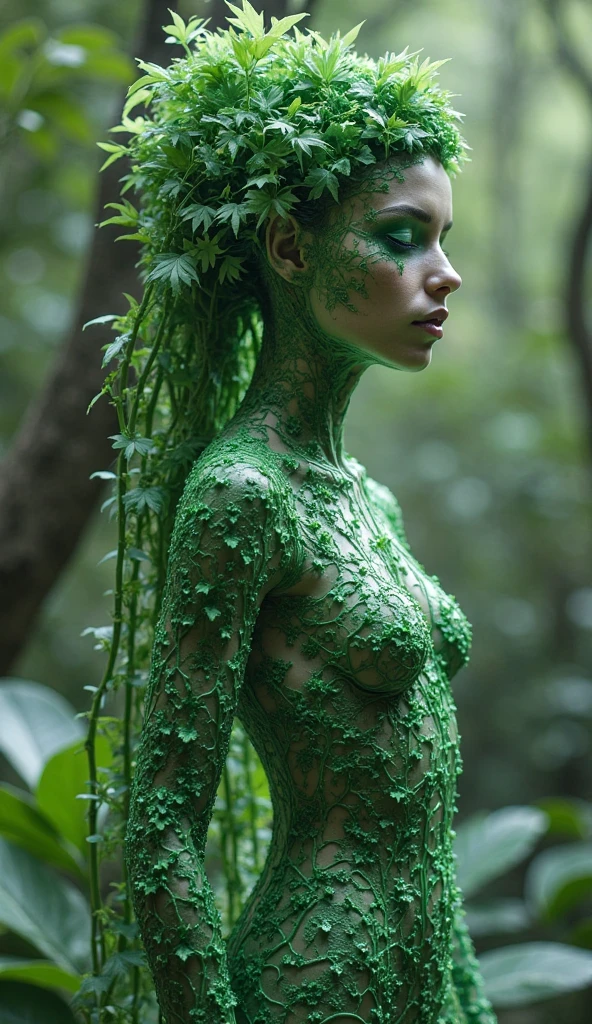 A woman in a green dress with a cannabis leaf headdress, (1 girl:1.3),(cannabis,hell_lady, anatomy correct,fantasy,anatomically correct, BREAK Sun exposure, reverberation, Experimental photography, surreal contrast, Eye-catching visuals, Artistic abstraction, Break the art of cutting, layered silhouette, complex patterns, exquisite craftsmanship, shadow play, Depth and size, creative expression, break art, Frozen sculpture, translucent forms, short-lived beauty, Crystal structure, exquisite craftsmanship, impressive, break green eye,body glow,Glowing lines,fluorescence,glow example,Example tracking,flash,Fluorescent particles,Backlight,Translucent,light particleotion blurred,movie lighting effects,fractal background