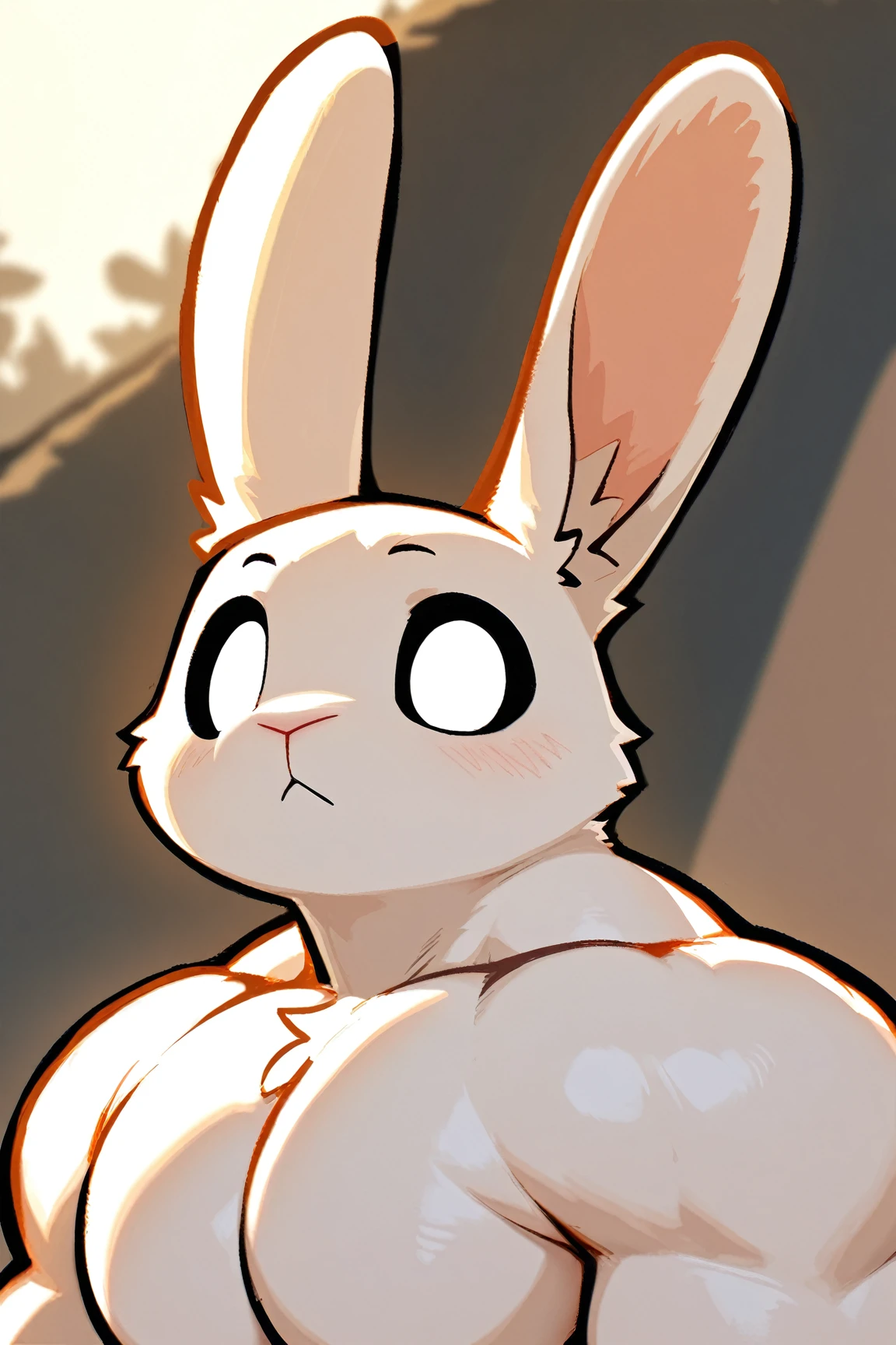 solo, male, rabbit, white colored fur, lean body, Anthropomorphic rabbit, red eyes, scars