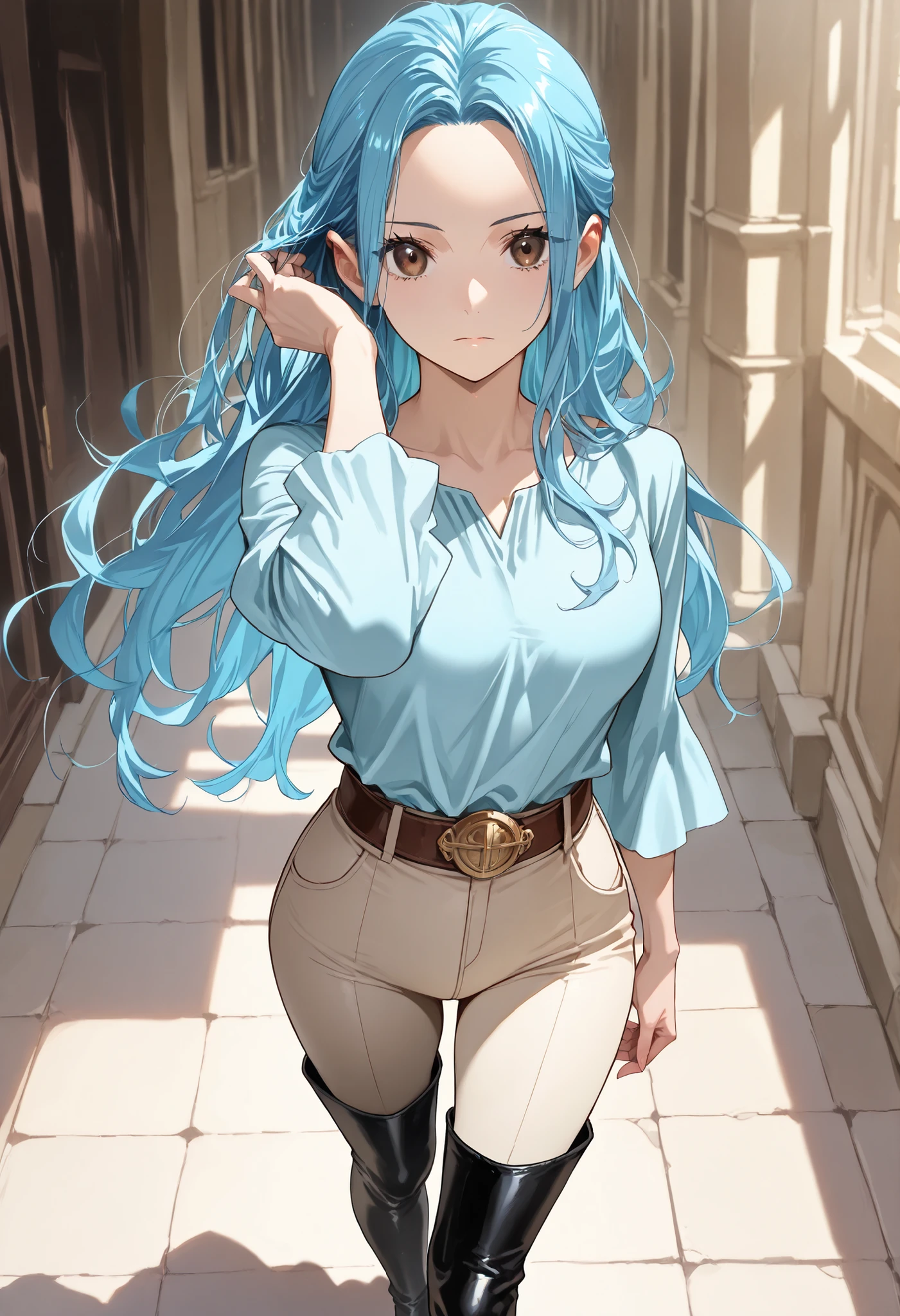 alone, solo, masterpiece, best quality, nefertari-vivi, blue hair, brown eyes, long hair,dominant, black boots, black thigh boots,beige pants, beige tight pants, light blue shirt, belt,looking at the viewer, expressionless, a hand tucking her hair behind her ear, walking