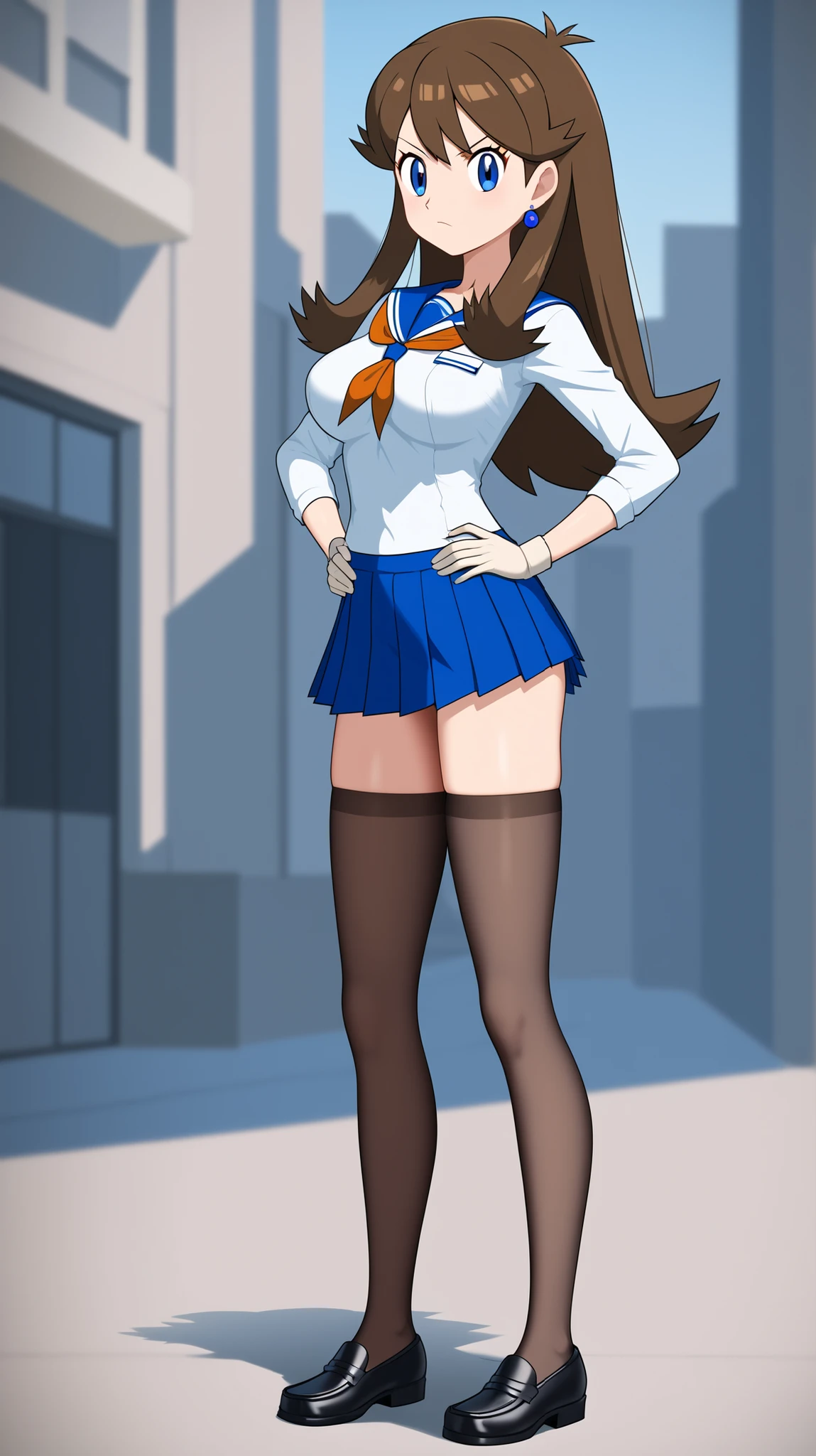 ((top quality)), ((masterpiece)), ((details)), 1girl, two legs, two arms, orange brown hair color, long hair, blue eyes, Big Breasts, angry face, Pose with hands on hips , high school girl, uniform, White long sleeve sailor suit, blue pleated mini skirt, black over the knee high stockings, absolute region with to, Beautiful legs, thigh, loafers, blue earrings, viewers, standing, tall, anime coloring book, 1 female, Age 18, Three idiot hairs , bangs, full body, slim figure, City, (\Pokemon\), score_9, score_8_excellent, score_7_excellent, score_6_excellent, sauce_anime, Cell Shading, flat color, vector,