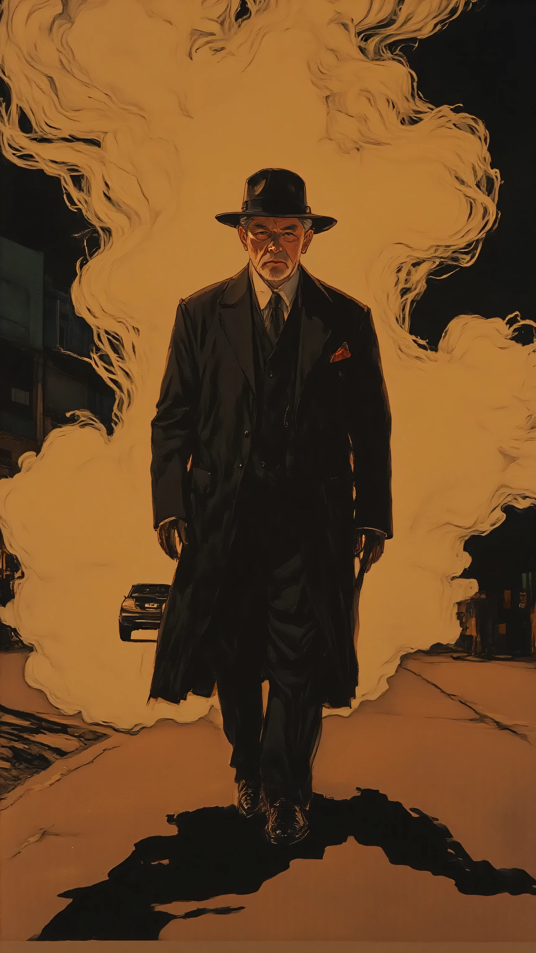 pingtu style, illustration-fen。An elderly man dressed in luxurious attire, wearing a wide-brimmed hat, is walking towards the camera through a smoky atmosphere. He is the focus of the image, with the smoke creating a mysterious and hazy backdrop. The scene is captured in a low-angle, wide-shot perspective to emphasize the grandeur of his presence. The smoky environment adds to the dramatic and cinematic feel, with the air thick and hazy around him. The lighting is dim and yellow-toned, casting soft shadows. The atmosphere is moody and cinematic, evoking a sense of elegance, mystery, and isolation. No cars or buildings are present. The man’s movement is slow and deliberate, enhancing the feeling of him approaching steadily. The setting is nighttime, with a soft, warm glow coming from the smoke and dim ambient light. High detail, cinematic, soft shadows, and rich contrast.
