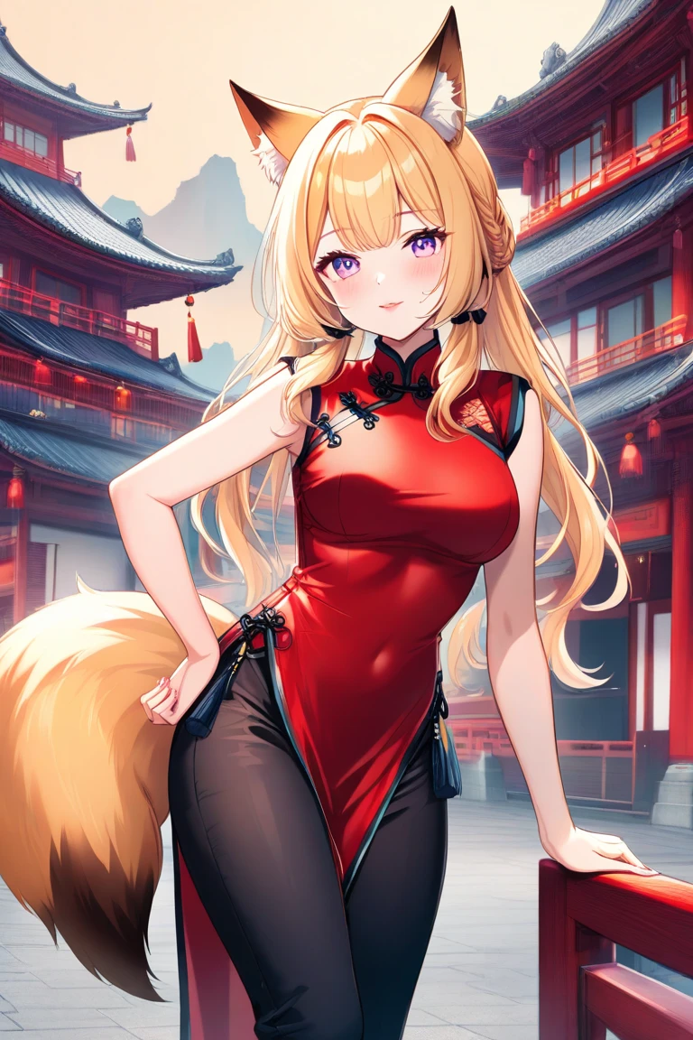 A portrait of a radiant adult 9 tails fox girl with a warm smile directed at the viewer, the background features a vibrant Chinese New Year celebration, lanterns, fireworks, traditional decorations, beautiful scenery, Breasts enlarged, elegant mature woman, large hips, big breast, Ahri, blonde hair, braid, flower on head, animal ears, fox ears, kemonomimi mode, super detail, high quality, highres, masterpiece