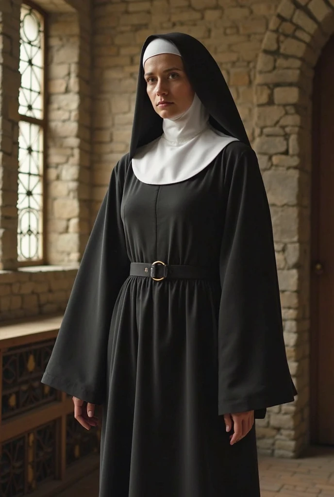 nun costume , courtyard , dusk <lora:Louise_Redknapp:1> mature l1873r, 1girl, solo, masterpiece, best quality, detailed face,