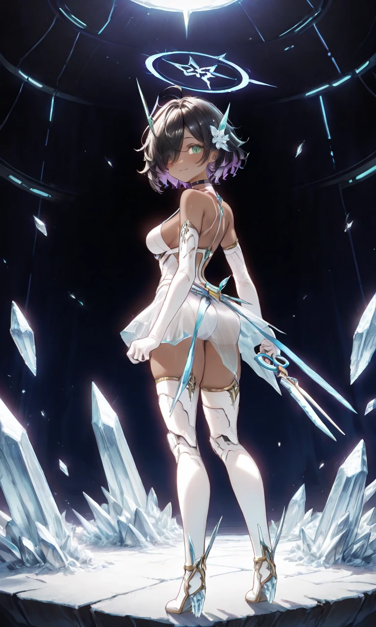 1 girl, , black hair, black hair,short hair, short hair, bangs cover the forehead, messy hair, hair over one eye, hair covers one eye, hair cover one eye, big green eyes, purple makeup ar eyes, little blushing, little blushing, black choker, medium breast, medium breast, medium breast, brown skin, brown skin, brown skin, brown skin, small smile, no human ears, breasts, bare shoulders, thighhighs, gloves, elbow gloves, see-through, white thighhighs, white femenine boots, medium breasts, loslyn clothes, scolding the viewer, scolding the viewer, dinamic pose, technological cosmetic horn on the hair, technological cosmetic on the hair, technological cosmetic on the hair, technological giant scissors as a weapon, technological giant scissors as weapons in the hands, technological giant scissors as a weapon, technological giant scissors as weapons in the hands, technological giant scissors as a weapon, technological giant scissors as weapons in the hands, technological giant scissors as a weapon, technological giant scissors as weapons in the hands, Giant scissors emanate ice power, Giant scissors emanate ice power, view from behind,