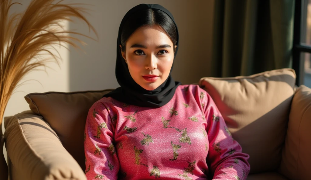 masterpiece, (ultra-high-definition portrait, vignet:1.4), Realistic, extremely detailed, CG unified, 8k, Clean lines, highly detailed, High-definition, raw color photos, Realistic portrait, Cinematic Light, Beautiful detailed, (1hijabgirl, indonesian:1.5), (165cm tall, big breasts with lips like she wants to kiss:1.5), Beautiful big breasts, breasts details, very tight, (Biggorgeous breast, Glance side eye:1.5), (Soft smile with calm gaze, Big Breast:1.4), Close up of a girl in Beautiful clothes with errected nipple, biggorgeous breast, Soft smile, scarf, (Bombastic Side Eyes with curvaceous body:2), pose 4 of 1 6, ???????, No bra, (nipples that are clearly sticking out detail:1.2), Outdoors, high intricate detailed.