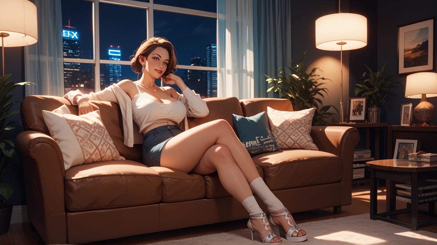 photorealistic, pretty redhead woman, barefoot, sitting on couch