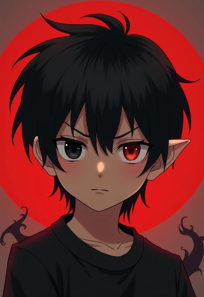 A boy surrounded by dark smoke which is formed into sharp claws, a black sash demon is behind him, and the boy's eyes dark red