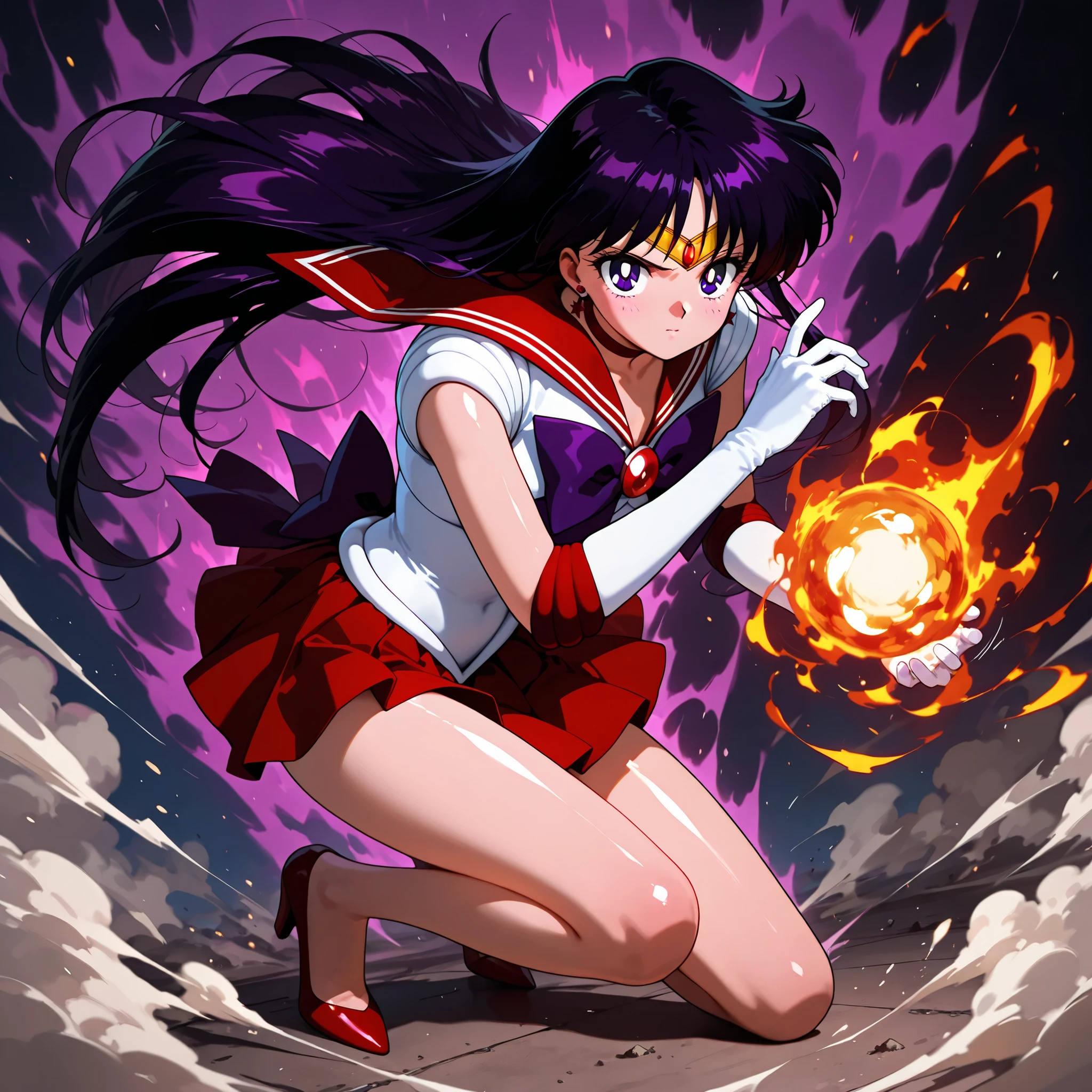 masterpiece,best quality,amazing quality, rei hino, black purple hair, long hair, purple eyes, parted bangs, gloves, magical girl, red skirt, sailor senshi uniform, white gloves, bow, purple bow, sailor collar, red sailor collar, red heels, full body, looking at viewer, sailor mars fireballs, energy own fireball, aura, dust, motion lines, speed lines, clear skin, ultra-detailed-eyes, soft skin, very awa, very as2, shiny skin, shiny hair, soft body, 90's style, official art