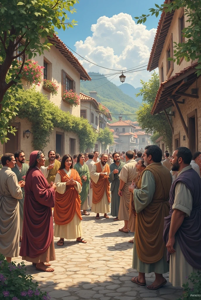 Draw a scene that captures the different expressions in the crowd as they witness Zacchaeus' encounter with Jesus. Highlight perplexity, disapproval, surprise, and possible changes of heart.