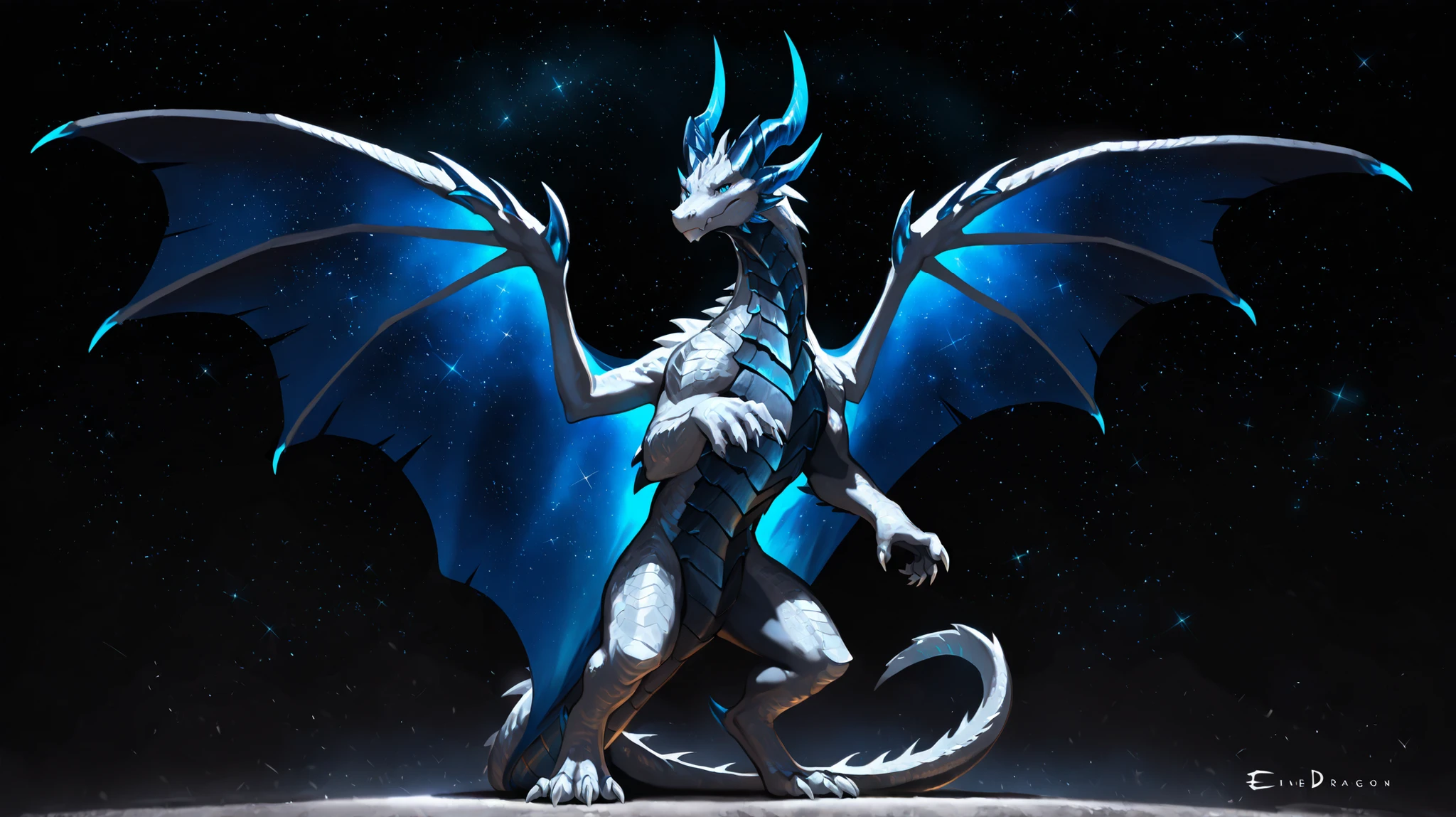 masterpiece, best quality, full body picture, centered, enderdragon, dragon, long horns, wings, claws, tail, blue eyes, perfect eyes, silver scales, dark background, starry sky, sky blue chest scales, blue horns, tall, proud pose