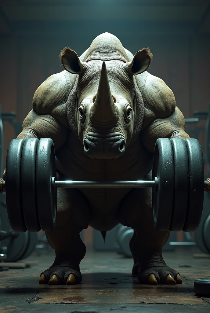 Big rhino, in gym clothes and holding dumbbells.
