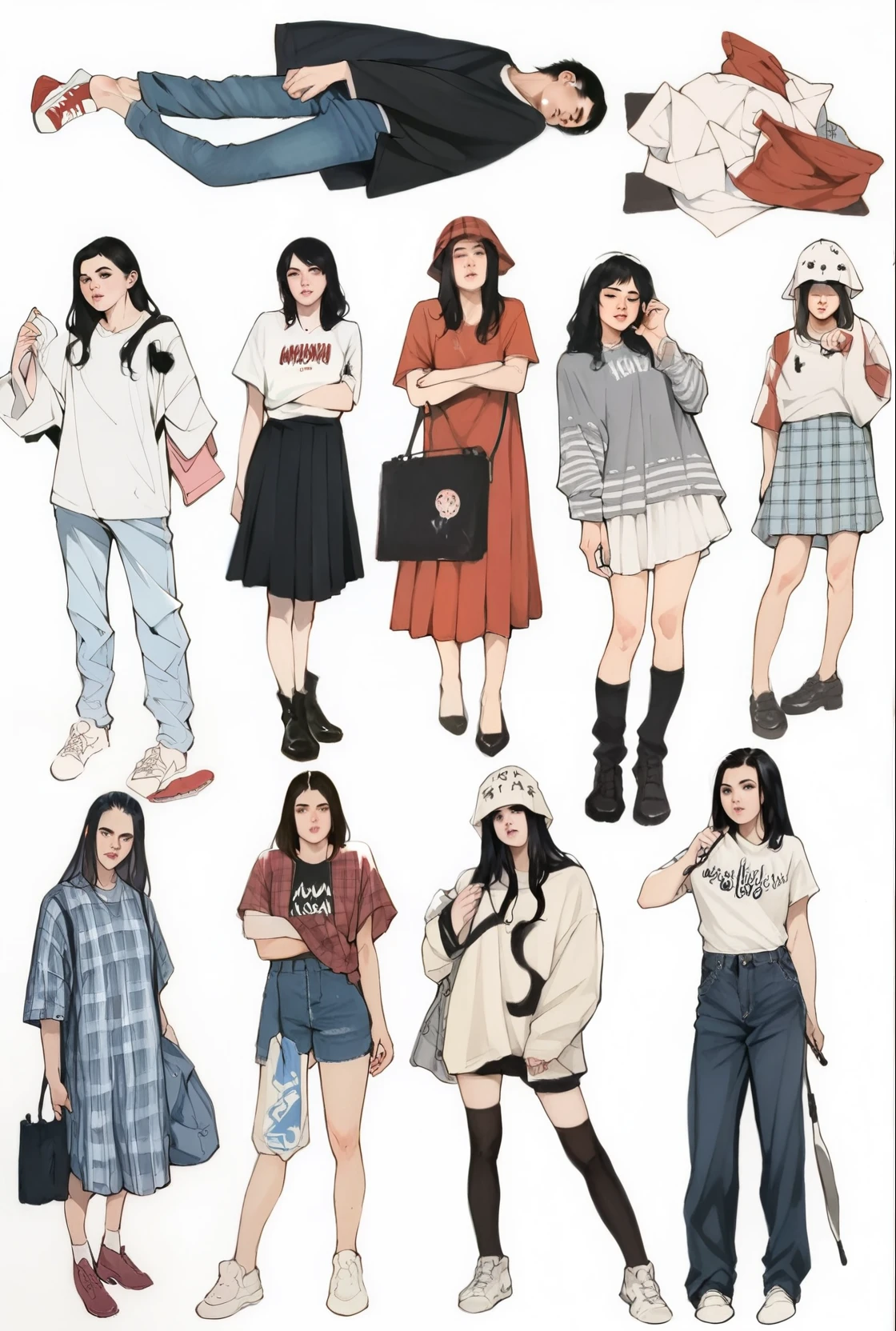 score_9, score_8_up, score_8, rating_safe, traditional art, 1girl, adamhughesstyle, minkostyle, realistic, black hair, loose untucked t-shirt, plaid pajama bottoms