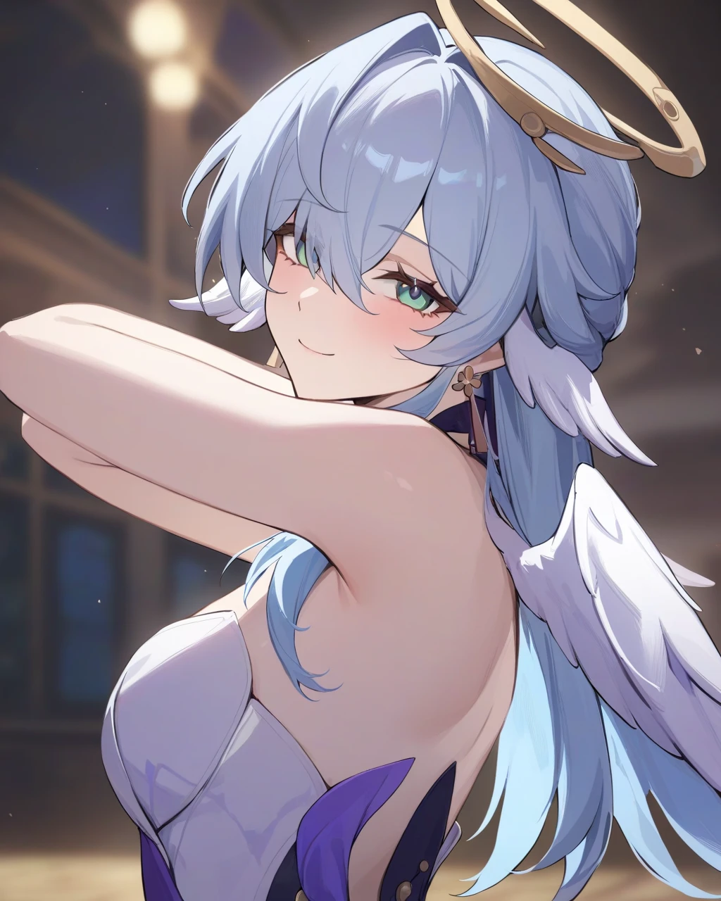 (masterpiece:1.2), hyper detail, best quality, (intricate_details:1.1), beautiful detailed, beautiful hair, solo,1girl,robin_(honkai:_star_rail), head_wings, angel, virtual_youtuber, 1girl, white_wings, halo, wings, upper_body, solo, blurry_background,sweating,greasy shoulder,from below,looking side,flipped hair,armpit,greasy armpit,from side, shoulder focus,((armpit focus)),bare shoulder,upper body,five fingers,singing,(sideboobs),five fingers,((greasy armpit)),((smooth armpit)),tareme eyes,green eyes,((Pupil details)),hair between eyes,shy,blush,open mouth,((under the spotlight)),backlighting,on stage,cleavage,middle breasts,celebrity,singer,superstar,one hand holding microphone,on hand up,white opera gloves,((Stretch oneself)),((hand on chest)),((five toes)),((looking side)),((Detailed armpit)),((elastic armpit)),((soft armpit)),((sweat armpit)),((Strapless dress)),((two arm))