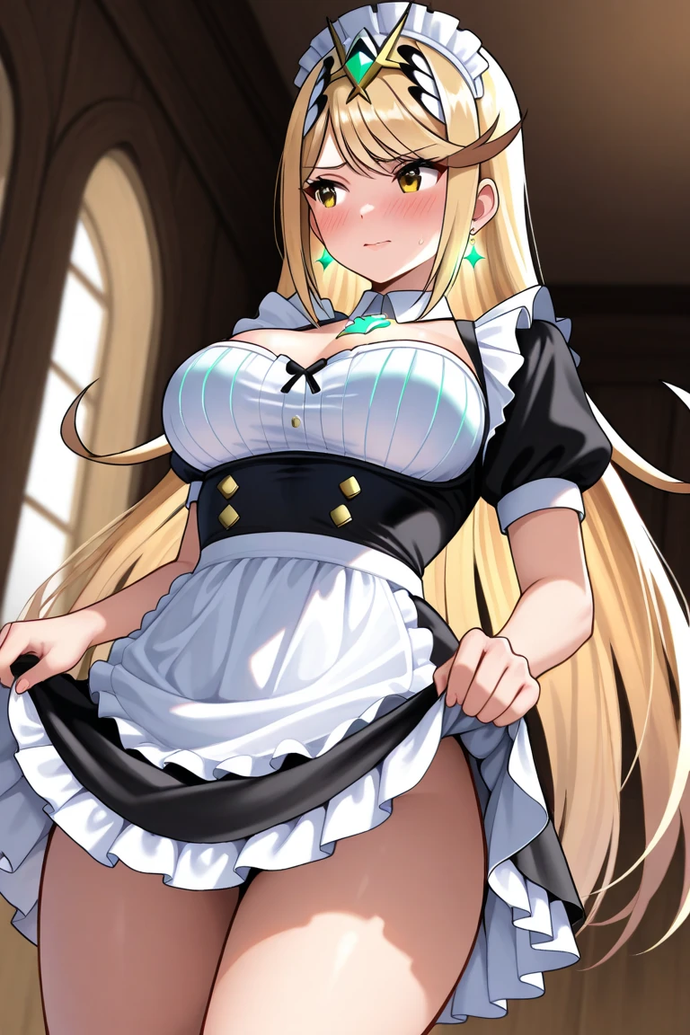 20 year old woman, big breasts, busty, bubble butt, hourglass figure, skinny, blushing, embarassed, shocked expression, horny, seductive, long hair, platinum hair, twintail hair, wearing french maid dress, maid dress, white stockings, black high heels, tight fitting clothing, anime flat colors, daytime, in garden, flowers, punk, punk style, punk hair, ((open mouth)), ((drooling)), ((wet)), bare shoulders, elbow gloves, frills, bows, puffy dress, mid-length skirt, latex