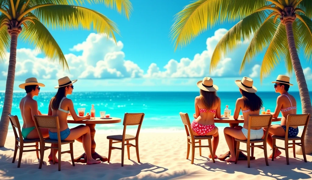 A couple of women having breakfast in a paradisiacal place .