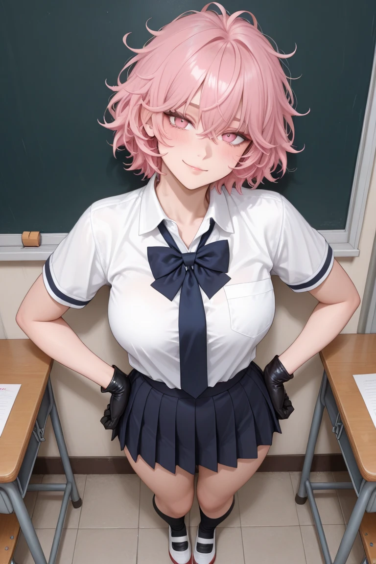 1 girl, {{{Mirai Kuriyama, short hair, light pink hair, (light pink hair), bob cut, yellowish brown eyes, red glasses, nervous and small eyes, (nervous and shy look), (shy and nervous smile), Stripe, (Pink short bikini), (light blue skirt), pantimedias, (black pantyhose), small breasts, (small breasts)}}}, beautiful girl, {{{standing or standing full body image}}}, {{{Wear black high heels}}}, poses her beautiful black heels standing {{{is stopped}}}, {{{muscular abs}}}, {{{muscular belly}}}, in a school classroom, (in a school classroom), (((Best Quality))), (((8k quality))), (((ultra best definition))), ((better face definition))), (((Perfect face))), (Perfect face:1.1), (sharp focus:1.1), trend on Artstation, intricate, high detail, sharp focus, (((arms, hands, legs, cakes, Perfect face))), (((perfect body))), (((correct features))),(((best anatomy))), (((noise removal))), (((perfect and clear face))), (((ultra perfect eyes))), (detailed focus of eyes))), (((Eye correction))), (((Masterpiece))).

