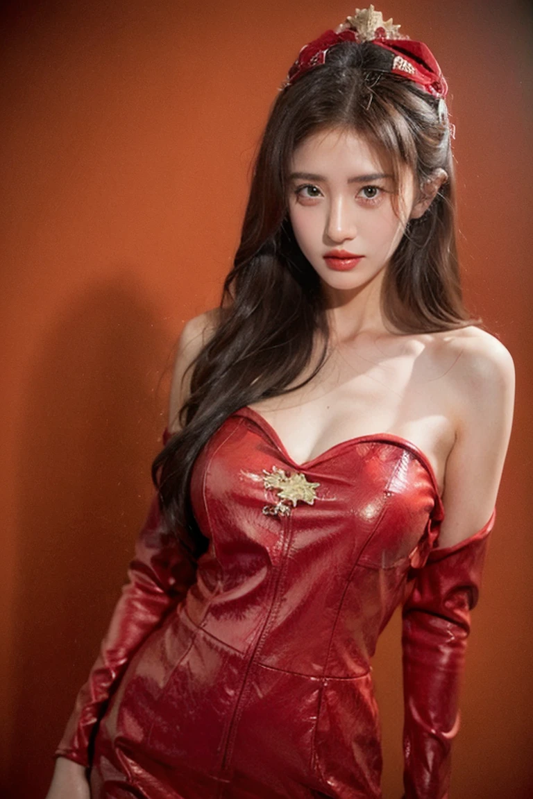 Her three measurements are: B111-W61-H91. She wears a revealing red blouse that shows much of her breasts and a loose skirt that exposes her long, slender legs, with the green symbol of a flower adorned on it, along with a white cape that sports epaulettes more commonly found on top jackets. Navy rank, and red high heels. With all of her clothes, she has been wearing a pair of gold earrings that resemble snakes and high heel shoes.