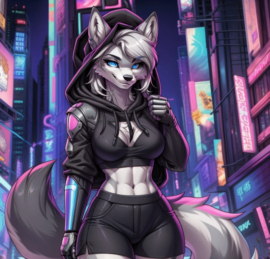 uploaded on e621, (by Wildering, by Koul, by fluff-kevlar, by aycee), solo, female wolf, wolf ears, neck tuft, hip tuft, leg tuft, wolf tail, ((black sclera, purple eyes)), ((cyberpunk royal outfit)), ((painted portrait)), (masterpiece), (best quality), (anthro furry:1.3, snout:1.2, anthro:1.3, furry:1.2, solo female:1.2), (hourglass figure), (wide hips), (thick thighs), ((huge breasts)), (suggestive pose), (((black stripes on body, grey fur))) BREAK ((white hair)), (cyberpunk castle background, depth of field, ambient light on the body), (intricate:0.7), (high detail:1.3), (unreal engine:1.3), (sharp focus:1.15), (masterpiece, best quality, 4k, 2k, shaded, absurd res), ((leather collar))