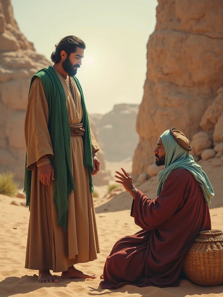 JOB SITTING ON THE GROUND, with wounds on your back your friends in argument, desert scenery