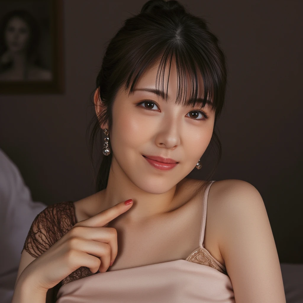 (8k、Live Shooting、Highest quality、Masterpiece:1.2),(kimono、Twelve-layered kimono、In a Japanese-style room)(High resolution 4K、Front view、High position、Serious expression、Super detailed、Super Resolution、(Real、Real写真:1.37)、Portrait、High-definition RAW color photos、nightの撮影、Professional photography、Very detailedで美しい、Very detailed、8k画壁紙、Amazing details、Huge file sizes、Official Art、Very detailedなCG Unity 8kの壁紙 Very detailedな女性、Very detailedな顔、Very detailedな肌、Very detailedな指、Very detailedな鼻、Very detailedな詳細な口、Perfect Anatomy、1 girl、(20:1.2)、Female, age 20、Realな体つき、、White skin、Shining skin black hair、semi-long、A sloppy smile、clean、Clean face、Realistic Face、Delicate eyes、kimono、Looking straight at the camera、Cowboy Shot、Landscape、Standing posture、((night))Close-up of face、Radiant Skin、The chest is visible、sexy、nightの和室