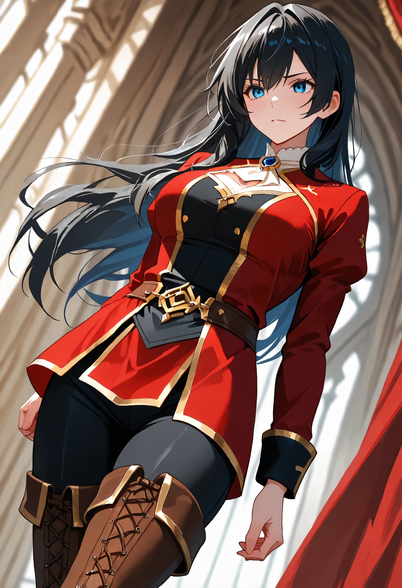 ctiancelesti4, blue eyes, long hair, black hair, in a castle, solo, RPG style, red adventurer tunic, black pants, black thigh pants, brown boots, brown thigh boots, outfit with gold trim, elegant, dominant, dutch angle, cowboy shot, perfect eyes, perfect body