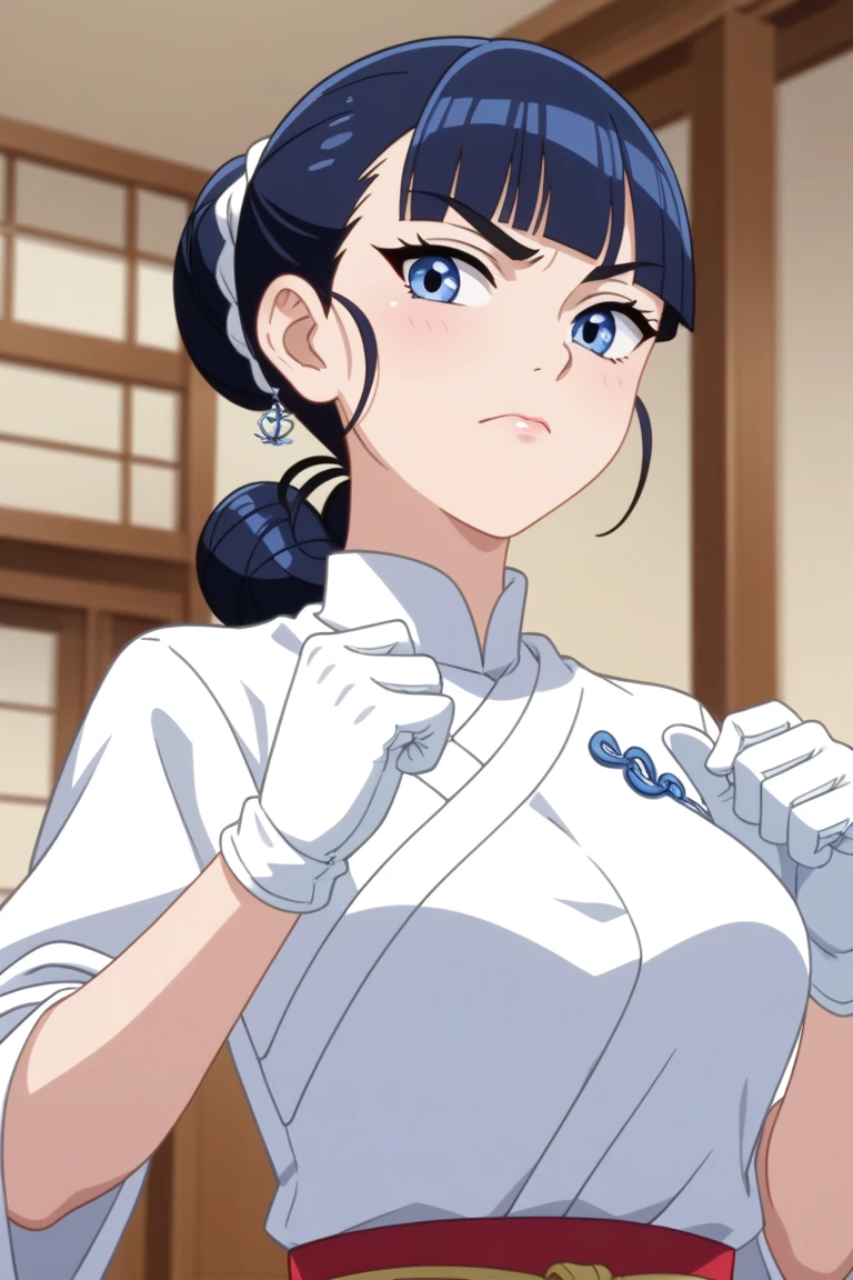 1 girl, (solo), ((amanogawaki)), best quality, highres, high quality, 8k, HD, super detail, anatomically correct, UHD, accurate, (masterpiece:1.2), (high quality:1.0), (ultra detailed), (no Background), (White Background), (Embarrassed), Blushing, Looking away, Brat, ((Adult)), (Blue White Uniform), Uniform Skirt, Adult, Yellow Headband, ((holding panties, Panty)), View from above, Above upper body