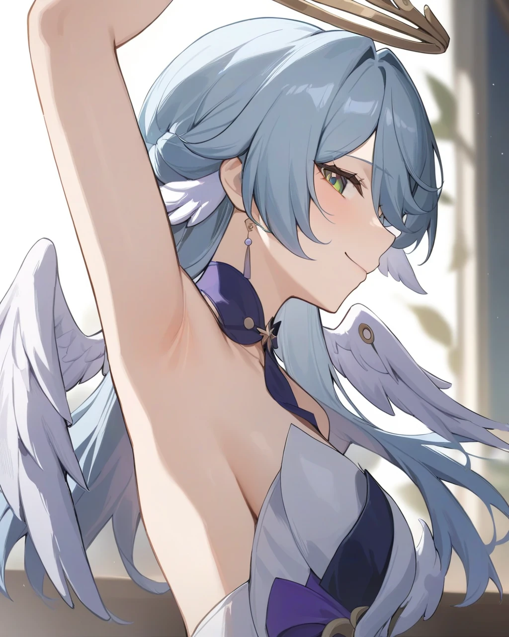 (masterpiece:1.2), hyper detail, best quality, (intricate_details:1.1), beautiful detailed, beautiful hair, solo,1girl,robin_(honkai:_star_rail), head_wings, angel, virtual_youtuber, 1girl, white_wings, looking_at_viewer, halo, wings, upper_body, solo, blurry_background,sweating,greasy shoulder,from below,looking side,flipped hair,armpit,greasy armpit,from side, shoulder focus,((armpit focus)),bare shoulder,upper body,five fingers,singing,(sideboobs),five fingers,((greasy armpit)),((smooth armpit)),tareme eyes,green eyes,((Pupil details)),hair between eyes,shy,blush,open mouth,((under the spotlight)),backlighting,on stage,cleavage,middle breasts,celebrity,singer,superstar,((Stretch your one hand straight above your head)),one hand on chest,white opera gloves,