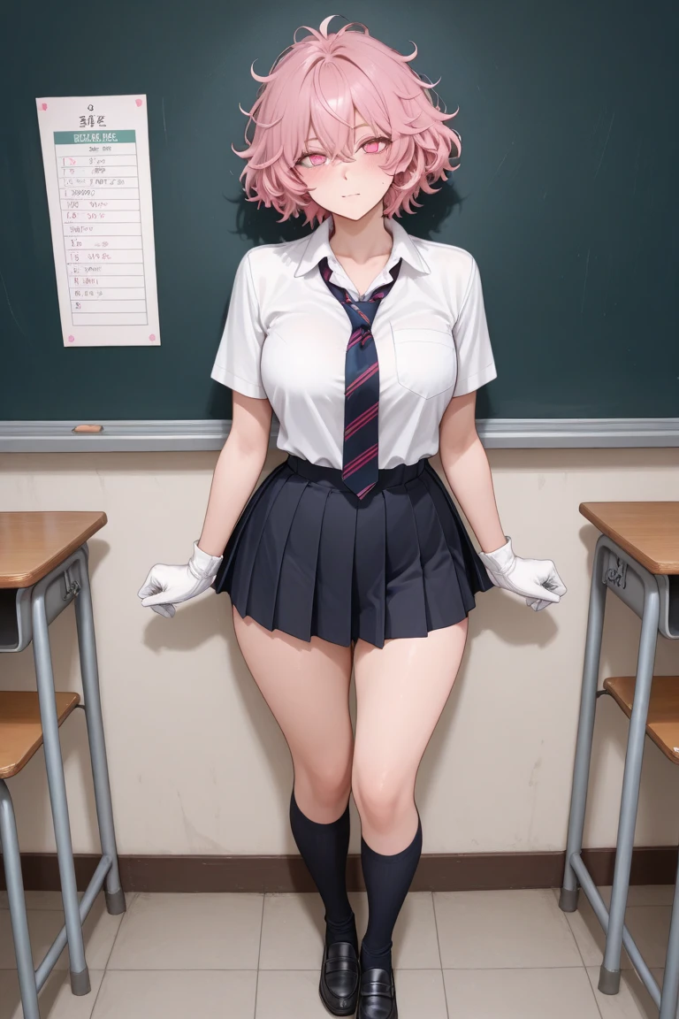 astolfo, Beautiful and slim perfect body, really spiky messy hair, short pink hair ,lock of white hair on left side, happy, smiling, blushing, thick lips, full lips, flat chest, Pectorals, not breasts, very thin body, open button-up shirt, shirt tied pectorals, midriff, choker, tiny micro pleated miniskirt, skirt barely covering panties, small bulge, thigh high stockings, high heeled sandals, perfect anatomy, classroom background, ultra-detailed, 4k, 8k, best quality, masterpiece, model, modeling, posing for camera, detailed background, (lenceria de encaje, translúcido), (medias de encaje), cuerpo completo, centrarse en las piernas, manos perfectas, maquillaje cachondo,