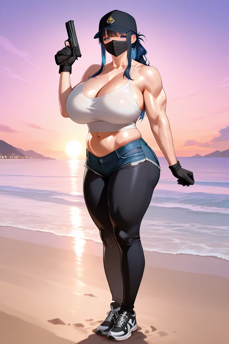 Sakura Haruno, milf, mujer mayor, cabello rosa, blusa corta, blusa levantada, brassier visible, (( jeans, jeans flojos, jeans bajados, tanga visible , thong blue, ruborizada, sonrisa, feliz, oiled skin)), short hair, pink hair, (( arms behind the back )), ((arms behind the back )), Curvy body, ((, gigantic sagging breast )), piernas largas, piernas abiertas , abs , muscle, Iparuputsua, squat, en la playa de noche, luces de ciudad a lo lejos, Cancun .
