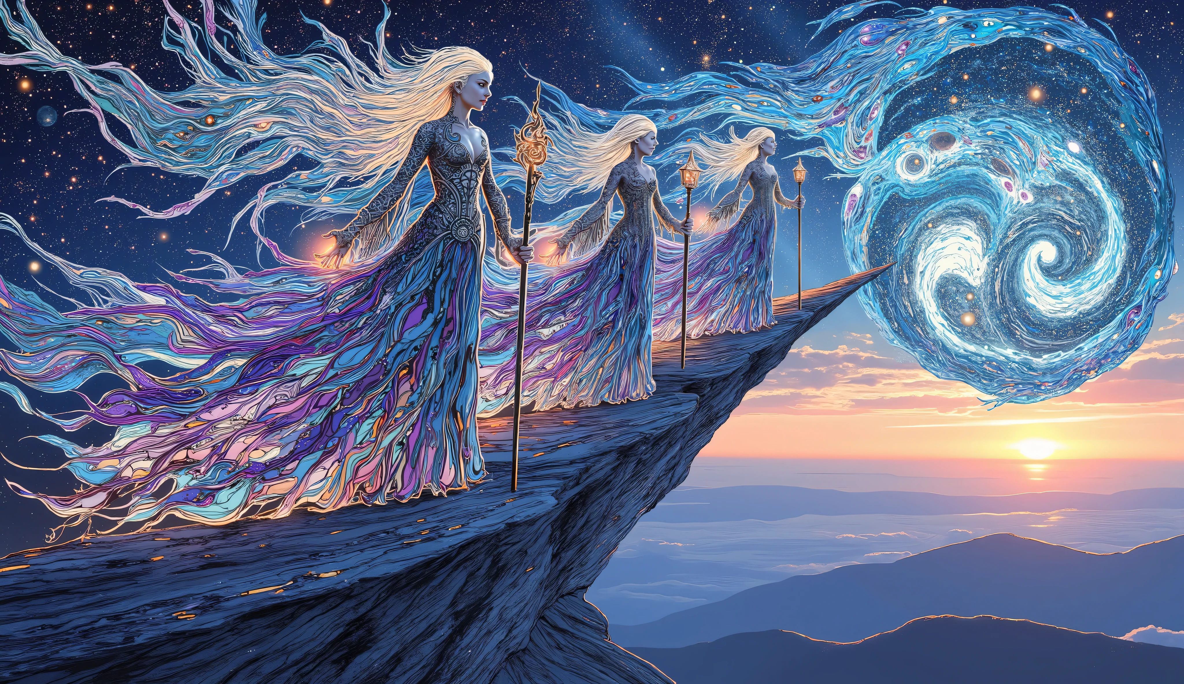 3 celestial sorceresses with flowing, starlit hair dressing robes that flying with wind stands on a precipice overlooking a swirling galaxy. Intricate cosmic tattoos adorn her skin, glowing with ethereal light. they holds a staff topped with a miniature, swirling nebula, channeling the power of the cosmos. In the style of Alphonse Mucha meets cosmic horror, with a touch of Greg Rutkowski, creating a mesmerizing and otherworldly atmosphere. The color palette is dominated by deep blues, purples, and golds, enhancing the sense of magic and mystery. Detailed digital painting, trending on Artstation. Cinematic film still, shot on v-raptor XL, film grain, vignette, color graded, post-processed, cinematic lighting, 35mm film, live-action, best quality, atmospheric, a masterpiece, epic, stunning, dramatic. Mãos anatomicamente perfeitas, tamanhos perfeitos.