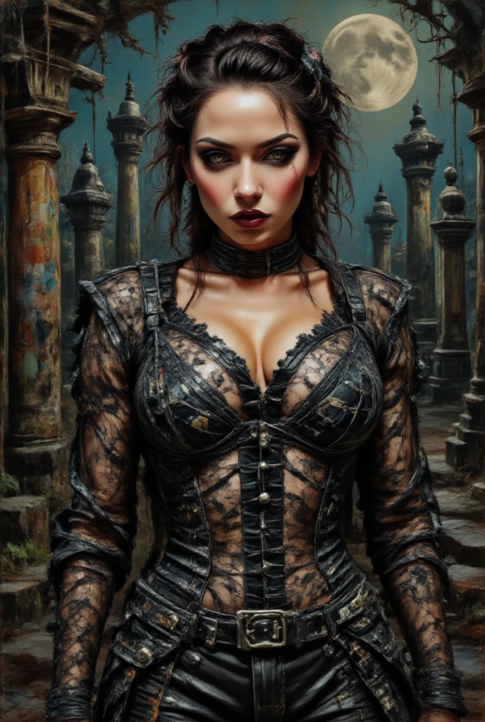 In the heart of a ruined and dark place, nestled within the depths of an ancient pyramid, lies a cadaverous woman of horror style. Her face, though perfectly sculpted with full lips and green eyes, is hidden beneath some white rags, resembling a mummy costume. The semi-short hair that frames her face is matted and tangled, adding to her eerie appearance. With a detailed and intricately textured face, her skin looks filthy yet preserved, as if frozen in time. A perfect body, shrouded in decay and mystery, emanates a chilling aura. Her eyes, dark pools of emotionless depth, seem to pierce through the darkness, dark theme, epic