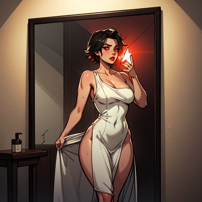 1girl, 45yearold woman, white small towel covering body, full body, coming after bath