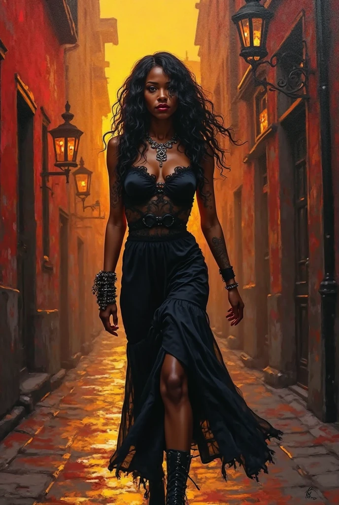 full body portrait of beautiful cuban female, dark windblowing hair, african features, alluring, sparkles, shining black red lingerii, , perfect body, perfect legs, perfect face, , walking down the street, Wadim Kashin, James Gurney, Ink, splash art", amazing beauty Unreal Engine, Royo, Bak, hyperdetailed