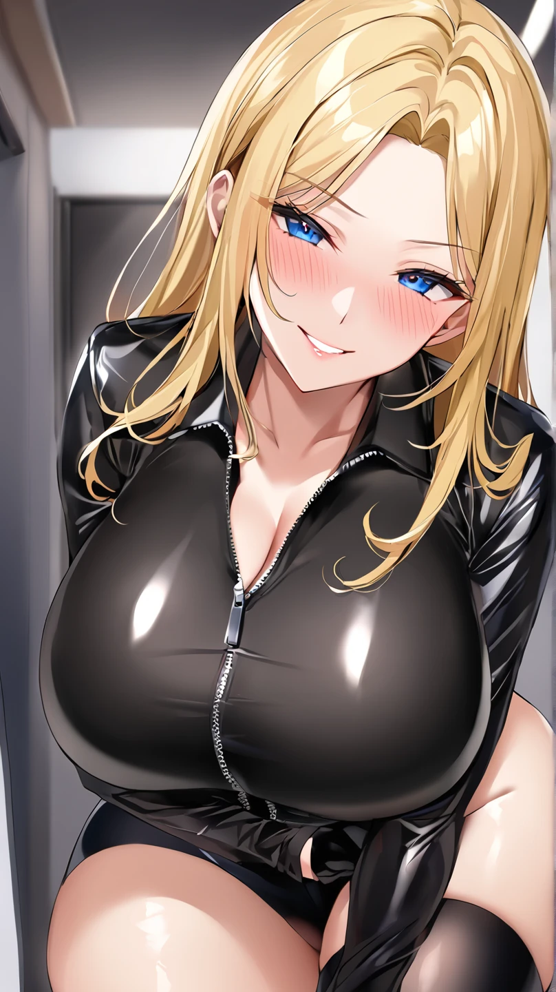 mature female,(large breasts:1.5),(shiny hair),((solo)),((masterpiece)),((best quality)),perfect ???????,slim waist,perfect image,8k UHD,(beautiful detailed eyes:1.3),extremely detailed face,standing,(upper body:1.2),(look at the front:1.5),arms behindback,ultra-detailed,absurdres,highres,blonde hair,cleavage,(shiny black zipped bodysuit:1.2),indoor arena,semi-long hair,(forehead:1.1),cleavage cutout,(latex),sexy mature women,30 years-old,((sensitive smile)),erotic lips,