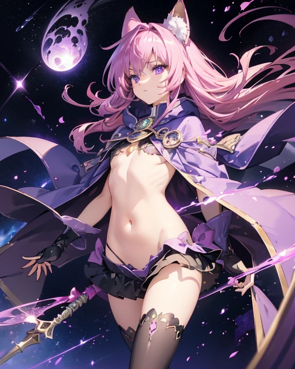 4k, fine detail, masterpiece, high quality eyes, high detail painting, soft shadows, best character art , 1girl, aurora, bangs, black choker, breasts, choker, tiara on head, galaxy, gloves, hair between eyes, blue leotard with white accents, bare legs, white boots, blue gloves, jewelry, large breasts, light particles, long hair, long sleeves, looking at viewer, milky way, night, night sky, pink eyes, purple eyes, purple hair, shooting star, sidelocks, sky, solo, space, star \(sky\), starry background, starry sky, holding weapon, holding sword, full body shot, cowboy shot