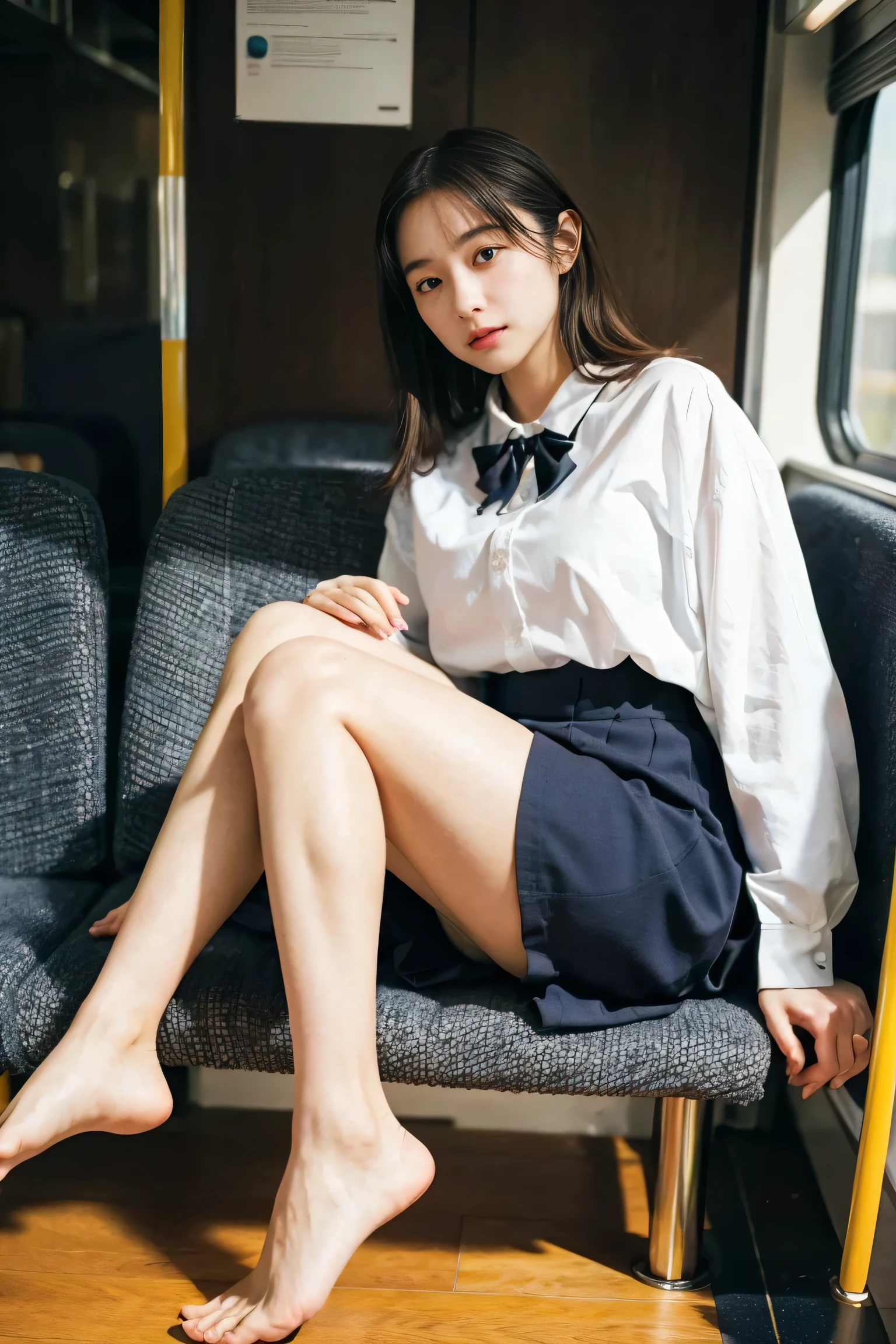 (8k, RAW photo, top quality, masterpiece: 1.2), super detail, super resolution, (realistic, real photo: 1.37), distant camera, high resolution RAW color photo, real human, feminine gesture, highlight beautiful legs, very realistic, super high quality, 8k wallpaper, amazing details, correct human structure, human body based on anatomy, very detailed beautiful girl, very detailed face very detailed eyes, very realistic skin, very detailed fingers, highly detailed nose, very detailed mouth, very delicate limbs,anatomical body perfect anatomy, very detailed background, highly detailed clothes, , pretty girl, famous Japan idol, cute, realistic body, slender, white skin, glowing skin, slim body, long straight hair, (dull bangs:1.2), realistic face, delicate eyes, double eyelids, sailor suit, on the train after school, beautiful and thin legs, shooting from a distance, sitting on a train chair, crossing legs while sitting, high school girl leaning on a train chair, angel smile, the cutest face in the world, human style, faithful to human structure, frolicking female proofreading, high school girl daily life, chatting happily with friends, red ribbon, sexy legs, emphasizing femininity, Blue Che skirt, delicate skirt, legs, beautiful elongated legs, elongated beautiful legs, accurate anatomy, sexy, very embarrassing figure, short skirt, very elaborate limbs, perfect anatomy, lesbian, kiss, human skin feeling