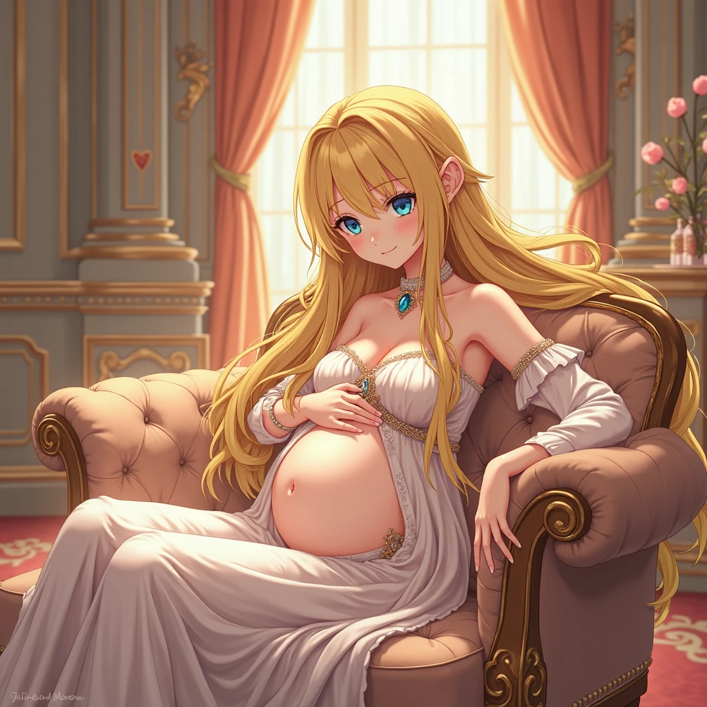 ((Highest quality)), ((masterpiece)), (detailed), (Perfect Face)、The woman is a Vietnamese woman named Tsukino Usagi, wearing a gorgeous and glittering traditional Vietnamese bridal attire with gold embroidery, an ao dai, a gorgeous hair ornament, gorgeous jeweled accessories and an engagement ring. The man and woman are sitting on a large, luxurious sofa in a luxurious room, and the woman is being held in the arms of a dignified and sturdy middle-aged Vietnamese man.、The woman is the elegant Tsukino Usagi, a Vietnamese woman with long blonde hair in a chignon twin tail and wearing an ao dai wedding dress.、the woman is pregnant