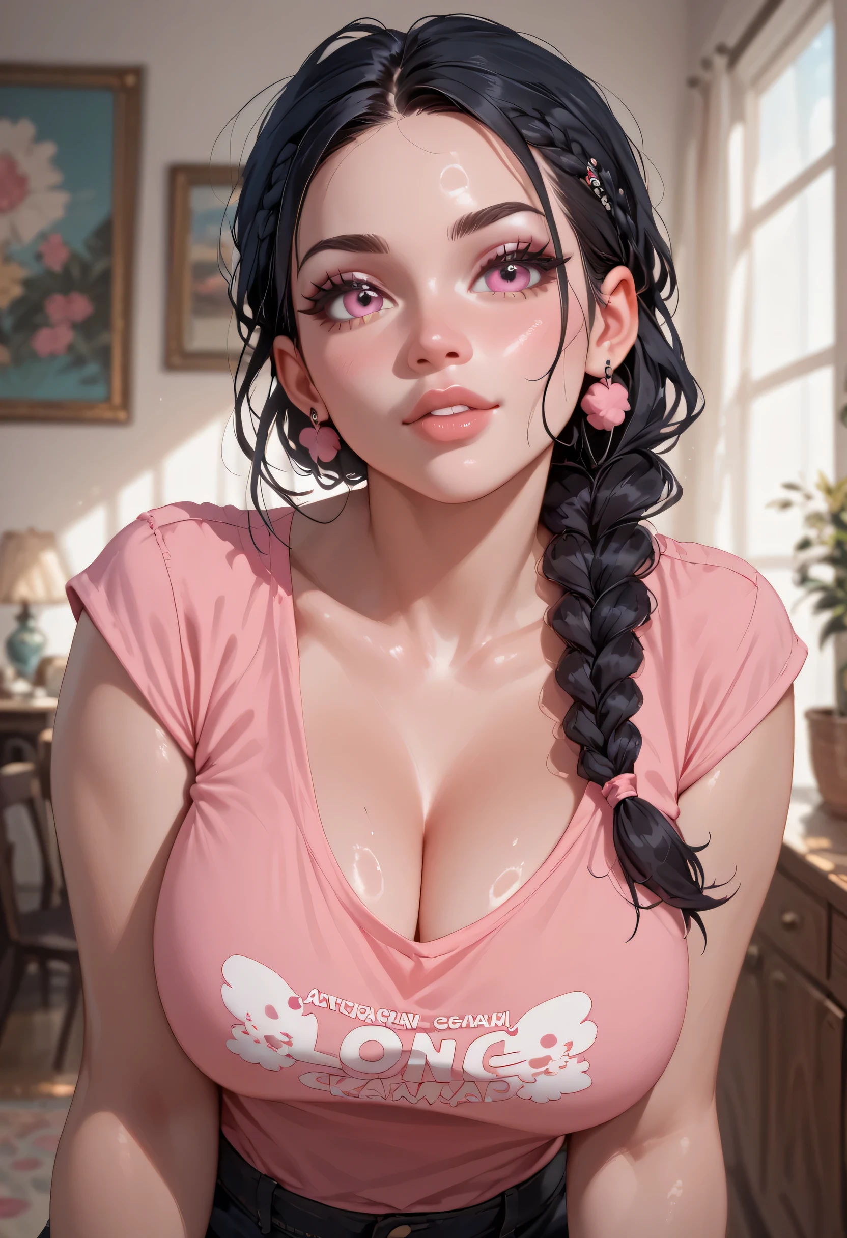 Make a big huge and bright white skin girl with cleavage in pink sleeveless t-shirt and lone braid black hair and and round earings