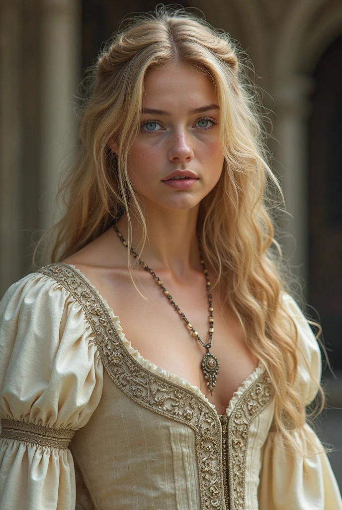 (Portrait Photography), Gorgeous 25 year old, Portrait of Samara Weaver as a medieval fantasy prostitute, long dark blond hair, Large long blade, Adult, Medieval fantasy prostitute in black clothing, Intelligent appearance, Attractive face with attention to detail, In a big medieval fantasy city, cloudy, Cinema Lighting、Big Tits、masterpiece, 最high quality, high quality, High resolution、sexy,