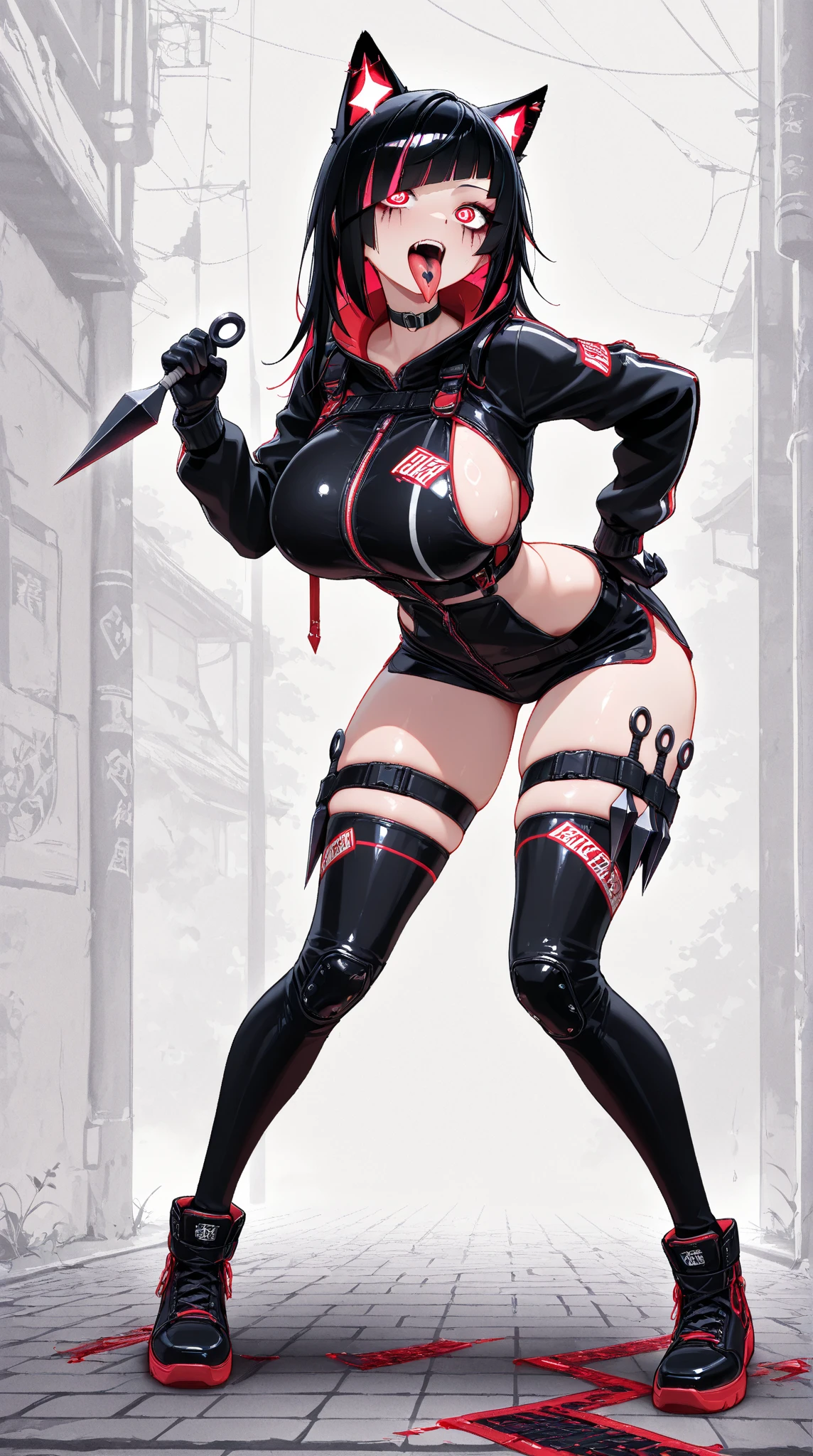 Last girl standing in end of the world, vampire Apocalypse, ((black hair, red highlights)), glowing blue eyes, huge perfect breast, high heels boots, blood splatter, model pose, red black outfit, stocking, tight fix, (((more blood))), hot legs, boobies on focus, sitting, crossed hot legs, dark horror background, hot boobies, ((garter belts)), tight fix, lacy chlotes, blood splatted, wearing a mask, white background with blood, fullbody