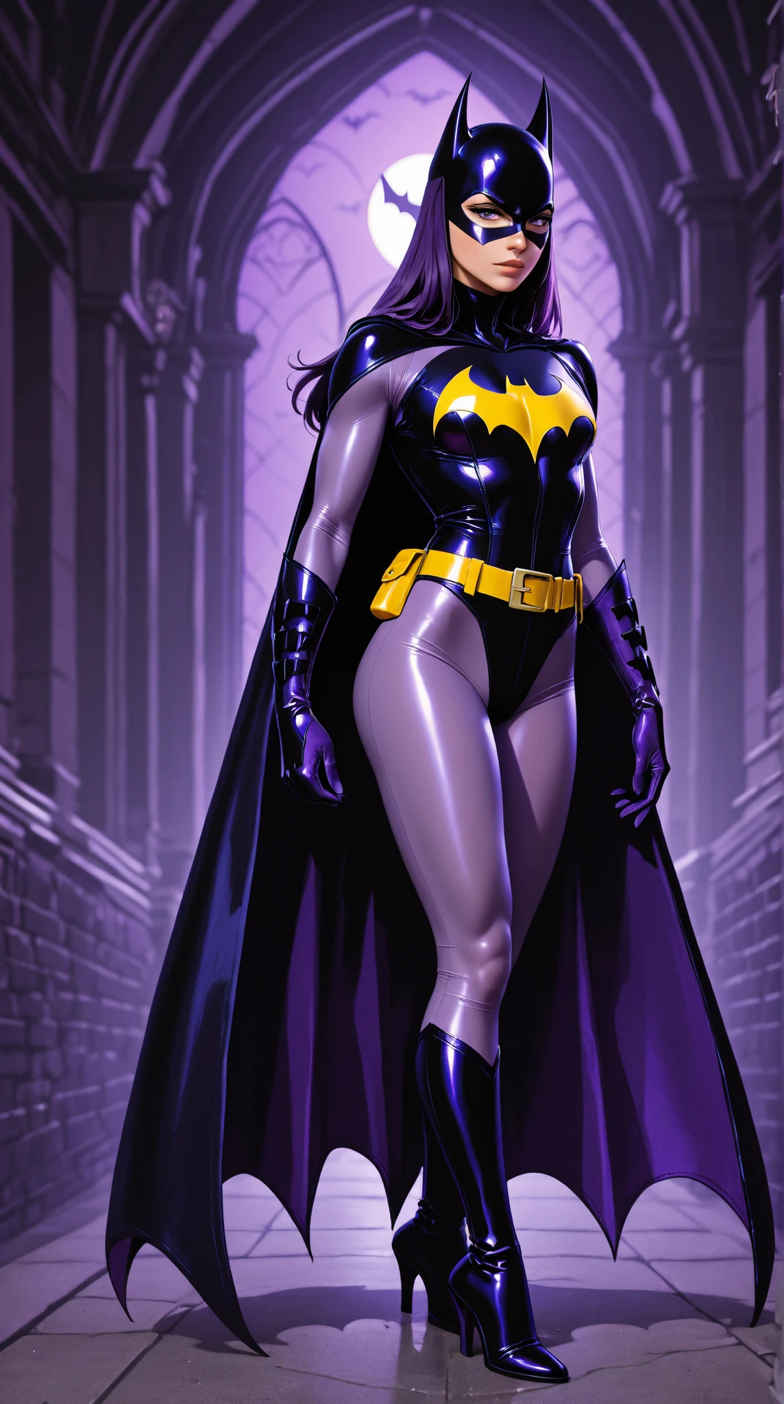 The highest quality, perfect masterpiece, perfect art, 8K,1girl, Batgirl, behind, very large breasts, big ass, brunette, long hair, black hair, semi-naked, Gotham, detailed, big thighs, full body, realistic, at night --auto --s2